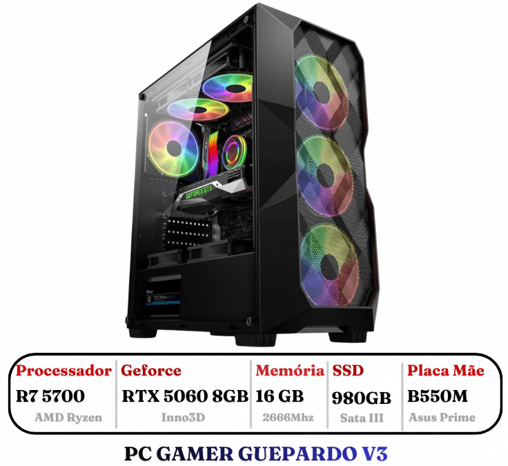 PC GAMER GUEPARDO V3 AMD RYZEN 7 5700, GEFORCE RTX 5060 8GB, B550M ASUS, 16GB DDR4, SSD 1 TERA, FONTE 650W 80PLUS, MURK RGB